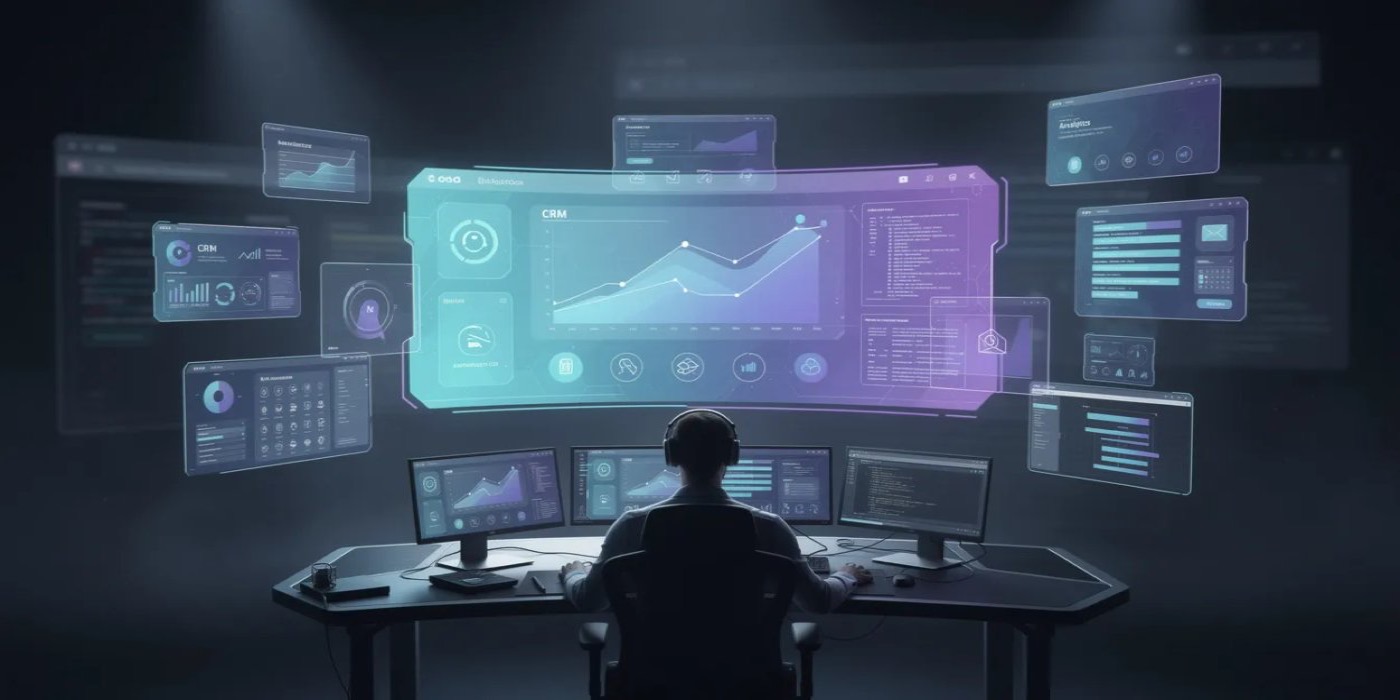 A futuristic agent workspace connecting to many SaaS services without opening their web dashboards