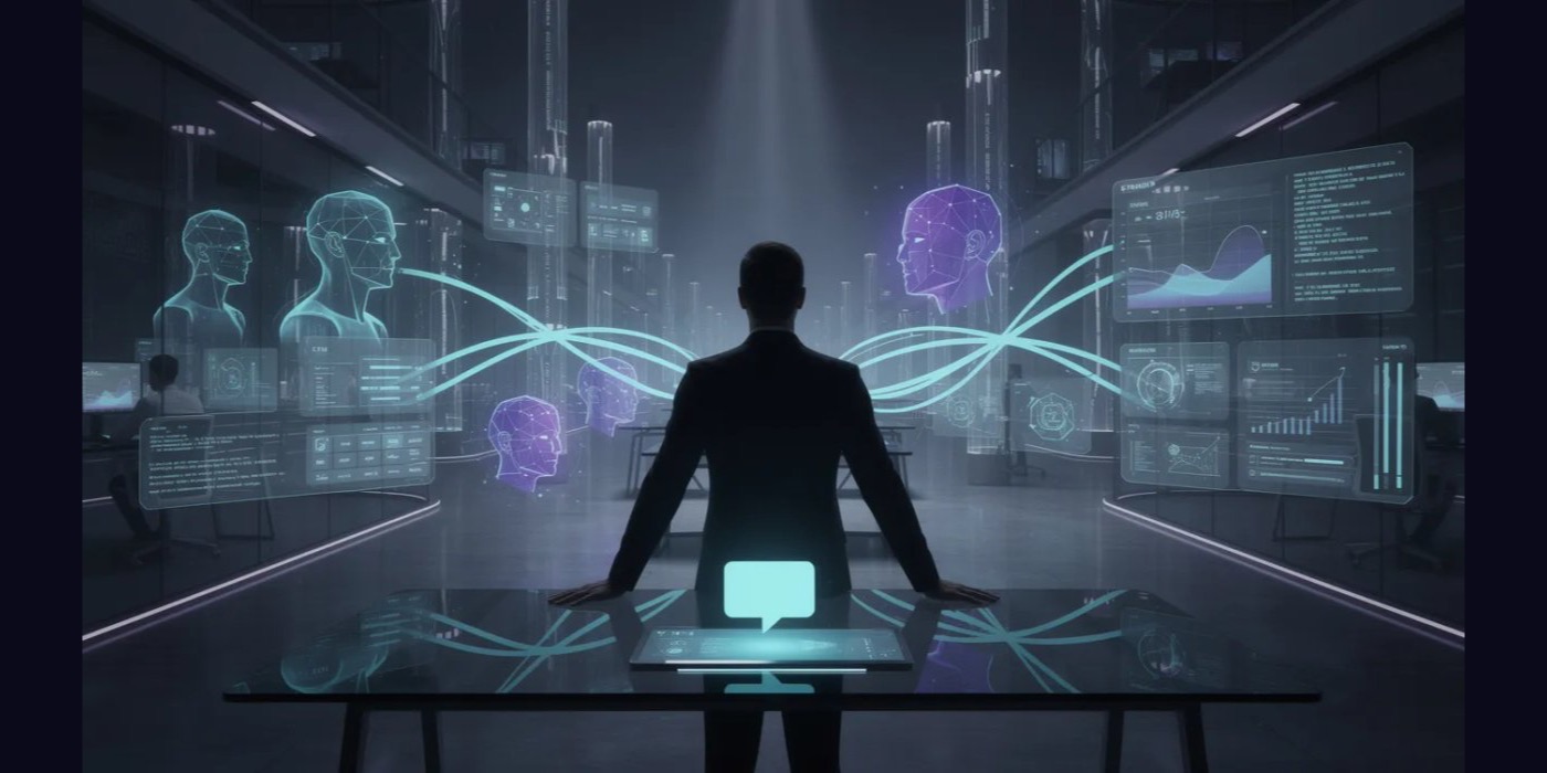 A founder in an AI-native command center sending one message that routes to people, agents, data systems, and software workflows