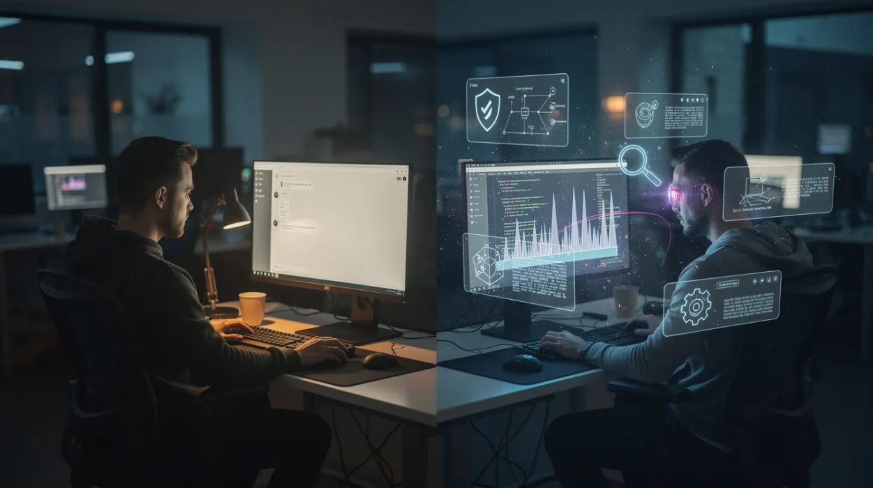 Two engineers at identical workstations side by side, one prompt window glowing with a single shallow question, the other branching into a constellation of specialist queries — security, performance, copy, architecture, observability